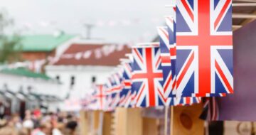 Marketplace in the UK with flags